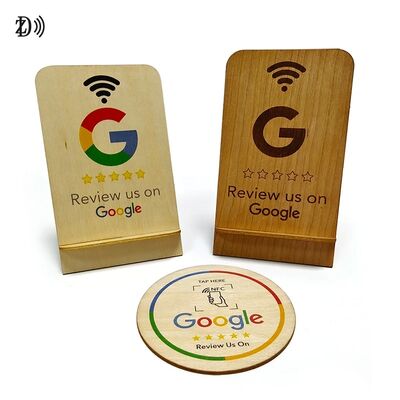 Customized Laser Engraved LOGO QR Code NTAG213 Wooden Google Review Card Stand NFC Google Review Cards